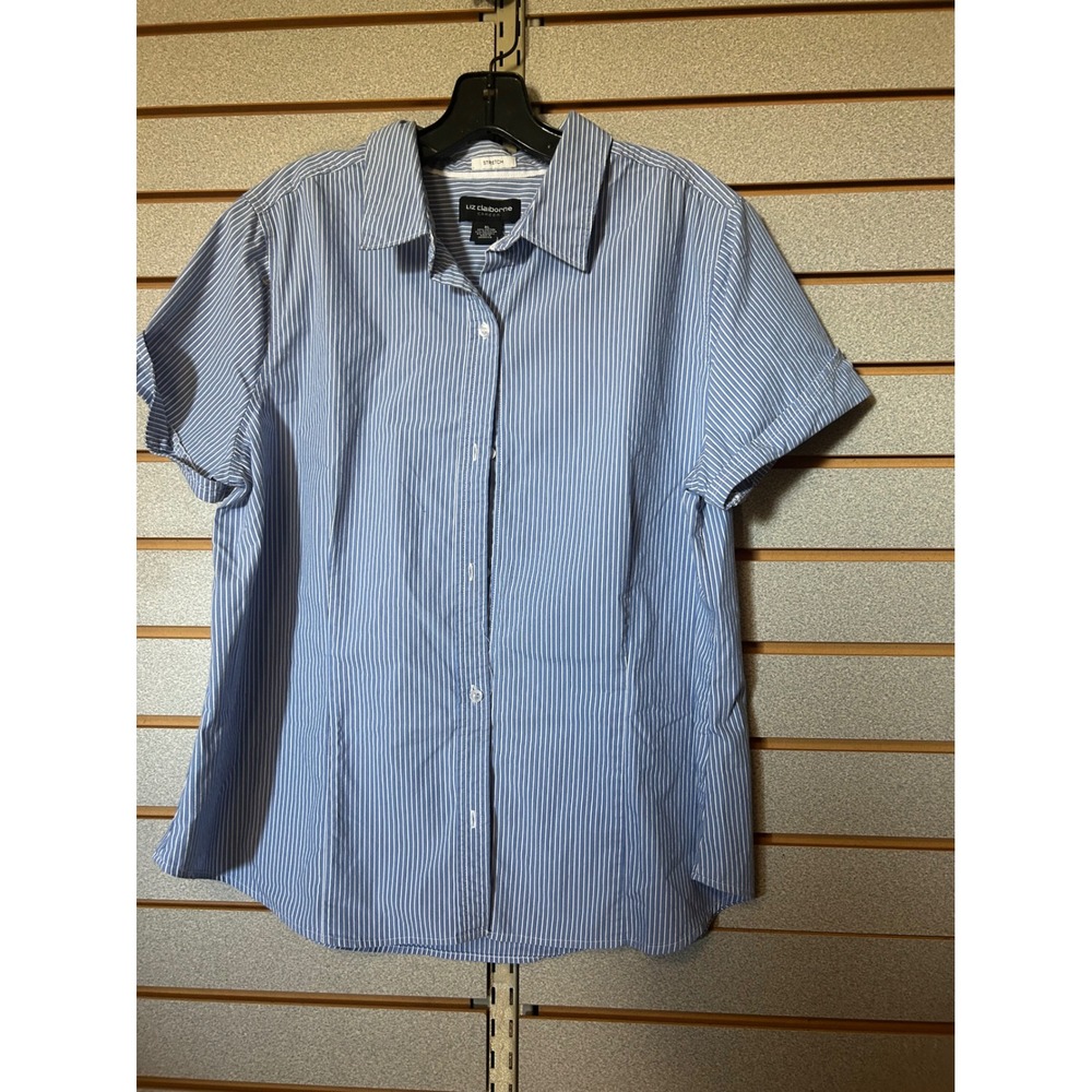 Liz Claiborne Career Womens XL Blue White Striped Short Sleeve Button Down Shirt